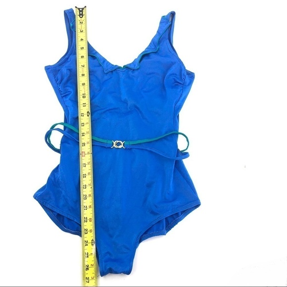Vintage 80’s Ebb Tide One Piece Swimsuit Belted Bathing Suit Blue Pinup L / 16 - Picture 10 of 11